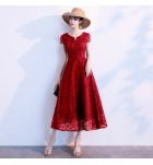 少女禮服裙V領短袖蕾絲中長裙