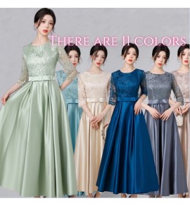 女裝禮服裙圓領蕾絲中袖長裙