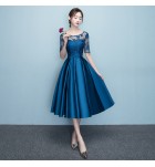女裝禮服裙圓領蕾絲貼花中長裙
