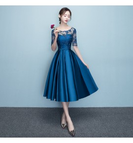 女裝禮服裙圓領蕾絲貼花中長裙