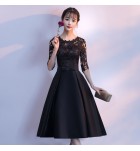 女裝禮服裙圓領蕾絲鏤空勾花中長裙