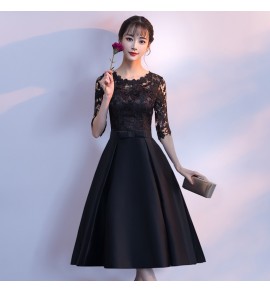 女裝禮服裙圓領蕾絲鏤空勾花中長裙