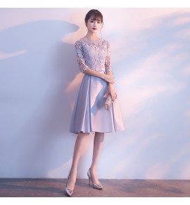 女裝禮服裙圓領蕾絲鏤空勾花中長裙