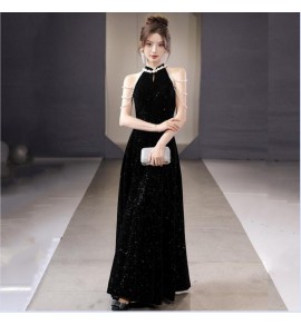 少女禮服裙掛脖串珠流蘇長裙