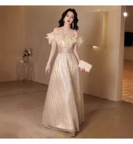 少女禮服裙立體花一字肩長裙