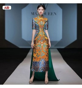女裝禮服立領刺繡拖尾長裙