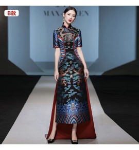女裝禮服立領刺繡拖尾長裙