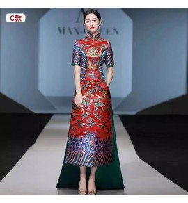 女裝禮服立領刺繡拖尾長裙