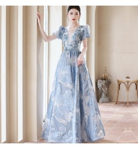 少女禮服裙V領泡泡袖宴會長裙