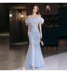 晚裝禮服裙花瓣一字肩亮片長裙