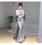 晚裝禮服裙抹胸露背亮片蝴蝶結魚尾長裙