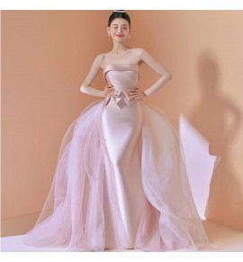 晚裝禮服裙抹胸緞面蝴蝶結長裙