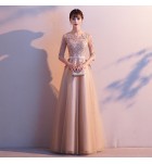 晚裝禮服裙花邊圓領中袖長裙