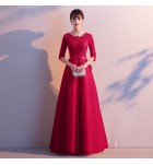 晚裝禮服裙花邊圓領中袖長裙
