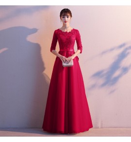 晚裝禮服裙花邊圓領中袖長裙
