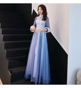 晚裝禮服裙立領蝴蝶結七分袖長裙