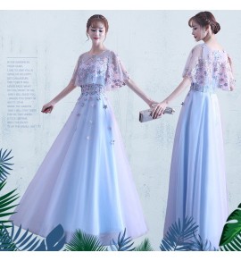 晚裝禮服裙蕾絲圓領披肩袖長裙