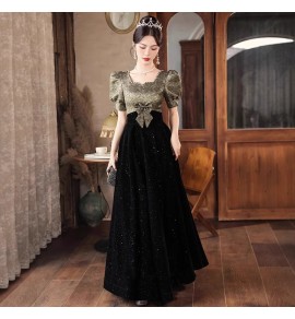 晚裝禮服裙方領泡泡袖長裙