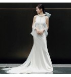 晚裝禮服裙掛脖緞面輕婚紗拖尾長裙