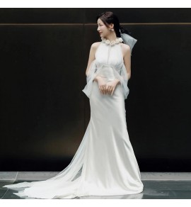 晚裝禮服裙掛脖緞面輕婚紗拖尾長裙