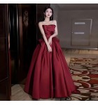 晚裝禮服裙抹胸酒紅色緞面長裙
