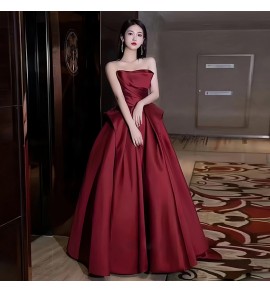 晚裝禮服裙抹胸酒紅色緞面長裙