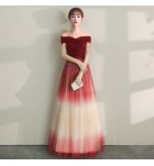 晚裝禮服一字肩宴會長裙