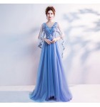 晚裝禮服披紗V領宴會長裙