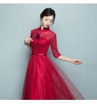 晚裝禮服裙立領透視網紗中長裙