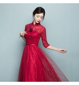 晚裝禮服裙立領透視網紗中長裙