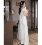 晚裝禮服裙立體花朵一字肩長裙