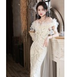 晚裝禮服裙立體花朵一字肩長裙