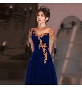 晚裝禮服裙網紗立領珠飾流蘇長裙