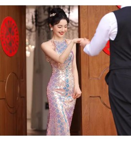 晚裝禮服裙珍珠掛脖亮片魚尾長裙