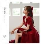 晚裝禮服裙深V領泡泡袖長裙