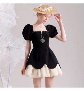 少女禮服裙方領泡泡袖短裙
