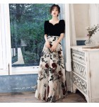 少女禮服裙V領花卉圖案拼接長裙