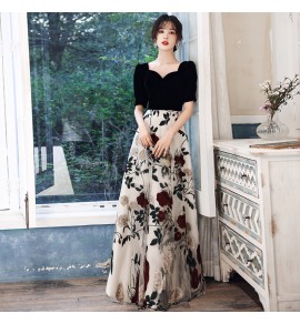 少女禮服裙V領花卉圖案拼接長裙