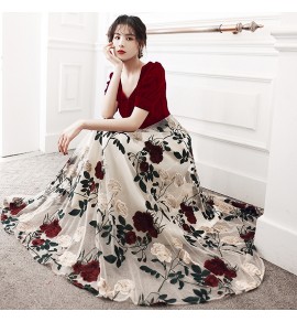 少女禮服裙V領花卉圖案拼接長裙