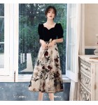 少女禮服裙V領花卉圖案拼接中長裙