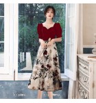 少女禮服裙V領花卉圖案拼接中長裙