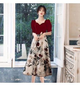 少女禮服裙V領花卉圖案拼接中長裙