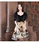 少女禮服裙V領花卉圖案拼接短裙