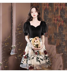 少女禮服裙V領花卉圖案拼接短裙