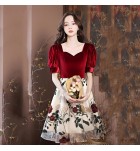 少女禮服裙V領花卉圖案拼接短裙