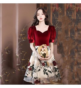 少女禮服裙V領花卉圖案拼接短裙