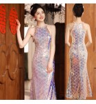 晚裝禮服裙珍珠掛脖亮片魚尾長裙