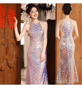 晚裝禮服裙珍珠掛脖亮片魚尾長裙