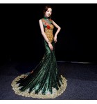 晚裝禮服立體透視蕾絲長拖尾