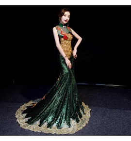 晚裝禮服立體透視蕾絲長拖尾